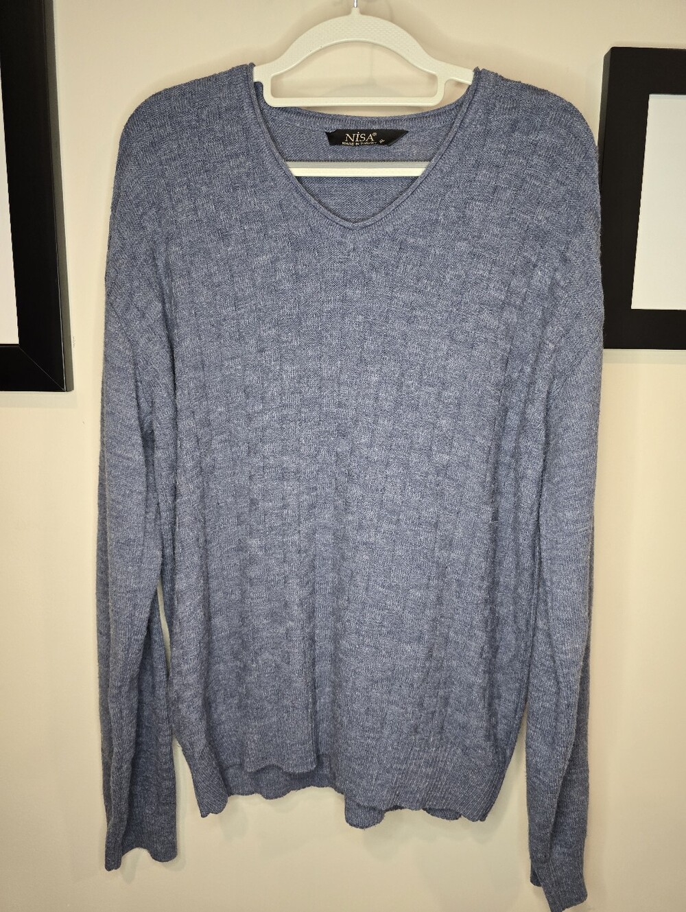 Nisa Made in Turkey Blue Heathered V-Neck Basketweave Textured Sweater Size XL